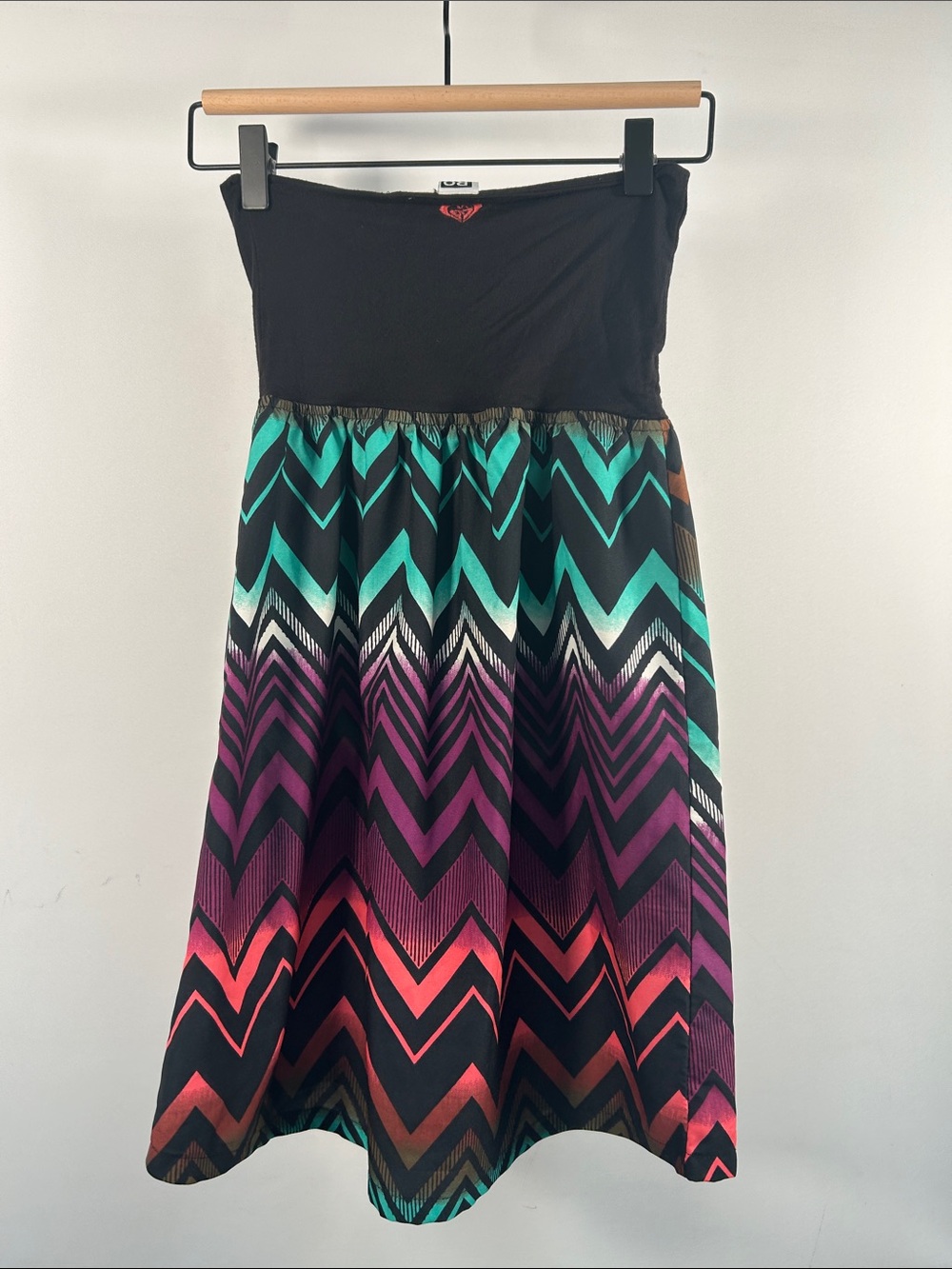 Roxy Black Strapless Midi Dress with Teal, Purple & Coral Chevron Skirt - Picture 2 of 3